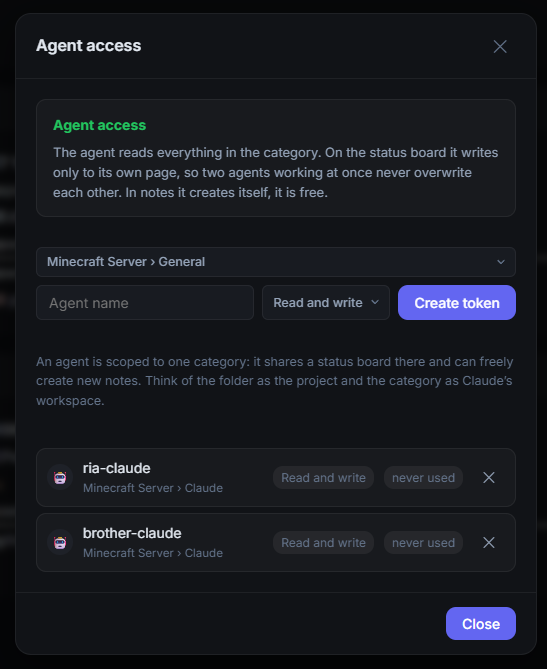 Agent access panel: pick a category, name the agent, create a token